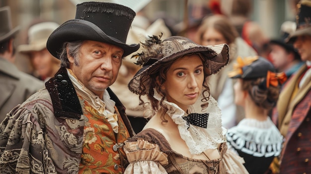 Historical Reenactment Scene with Man and Woman in 18th  Century Costumes 