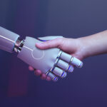 Robot handshake human background, futuristic digital age